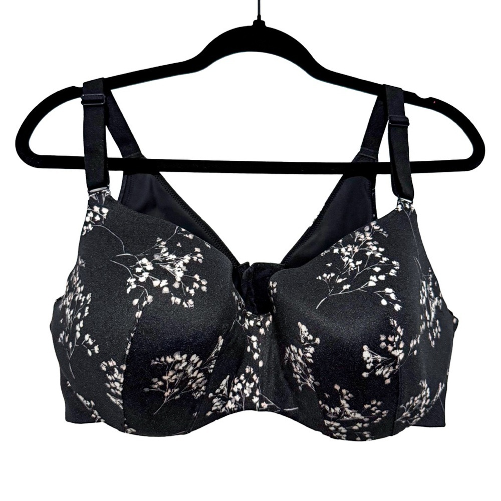 Cacique 42DD Black Floral Balconette Bra – Lightly Lined Backsmoother NWOT